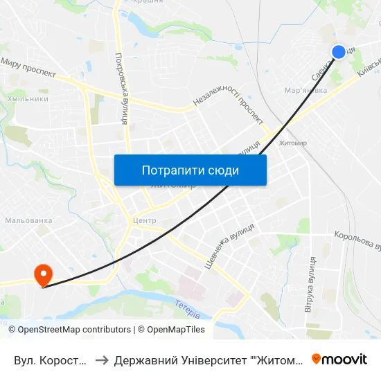 Вул. Коростишівська to Державний Університет ""Житомирська Політехніка"" map