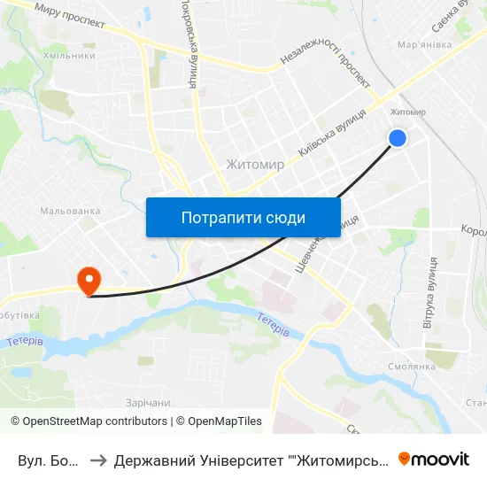 Вул. Бородія to Державний Університет ""Житомирська Політехніка"" map