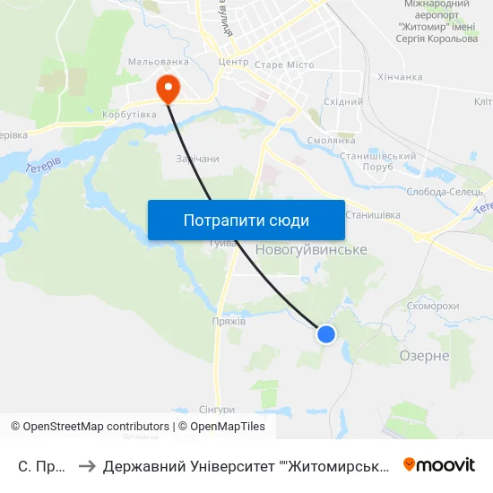 С. Пряжів to Державний Університет ""Житомирська Політехніка"" map