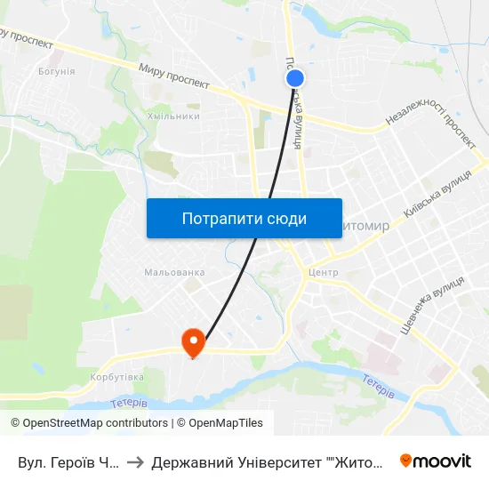 Вул. Героїв Чорнобиля to Державний Університет ""Житомирська Політехніка"" map