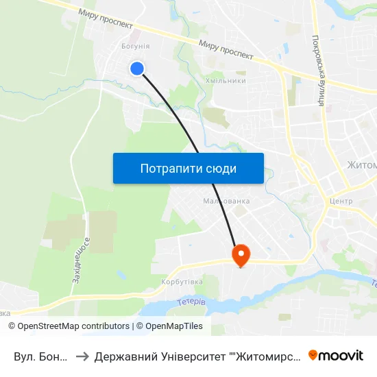 Вул. Бондарна to Державний Університет ""Житомирська Політехніка"" map