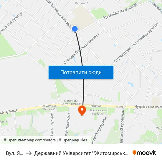 Вул. Якіра to Державний Університет ""Житомирська Політехніка"" map