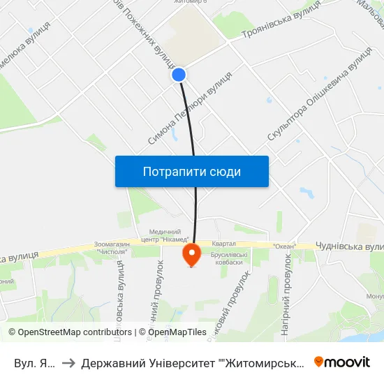 Вул. Якіра to Державний Університет ""Житомирська Політехніка"" map