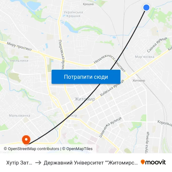 Хутір Затишшя to Державний Університет ""Житомирська Політехніка"" map