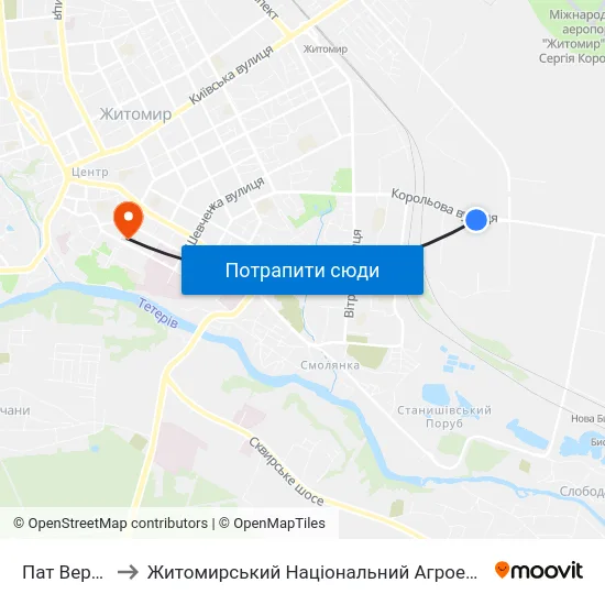 Пат Верстатуніверсалмаш to Житомирський Національний Агроекологічний Університет / Zhytomyr National Agroecological University map