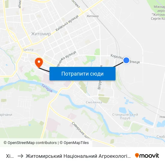 Хінчанка to Житомирський Національний Агроекологічний Університет / Zhytomyr National Agroecological University map