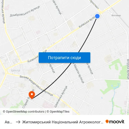Автовокзал to Житомирський Національний Агроекологічний Університет / Zhytomyr National Agroecological University map