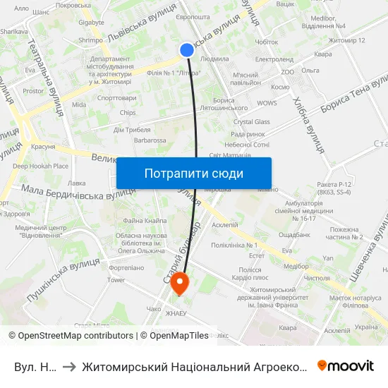 Вул. Небесної Сотні to Житомирський Національний Агроекологічний Університет / Zhytomyr National Agroecological University map