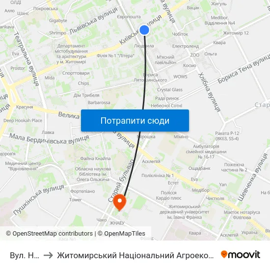 Вул. Небесної Сотні to Житомирський Національний Агроекологічний Університет / Zhytomyr National Agroecological University map