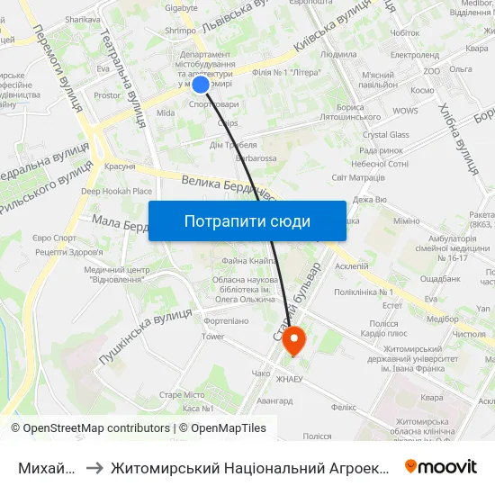 Михайлівський Собор to Житомирський Національний Агроекологічний Університет / Zhytomyr National Agroecological University map