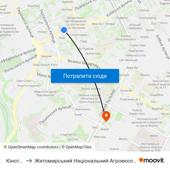 Кінотеатр Україна to Житомирський Національний Агроекологічний Університет / Zhytomyr National Agroecological University map