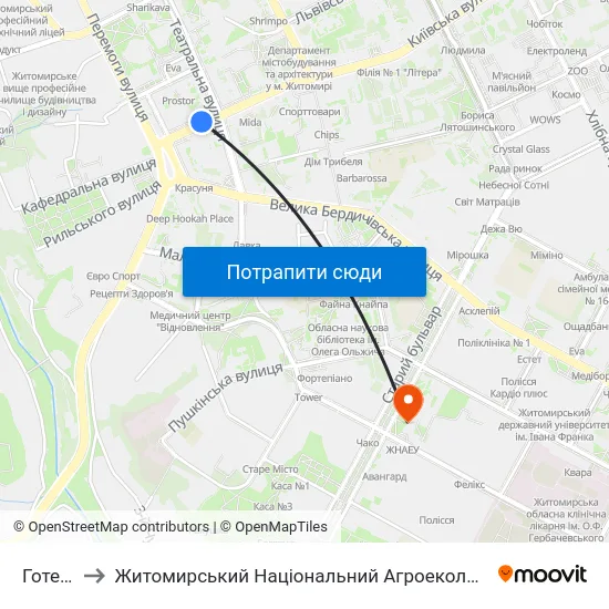 Готель Україна to Житомирський Національний Агроекологічний Університет / Zhytomyr National Agroecological University map