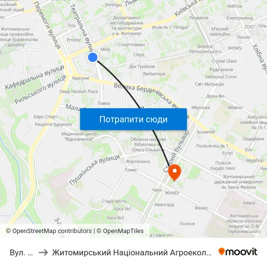 Вул. Театральна to Житомирський Національний Агроекологічний Університет / Zhytomyr National Agroecological University map