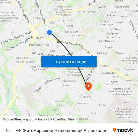 Телецентр to Житомирський Національний Агроекологічний Університет / Zhytomyr National Agroecological University map