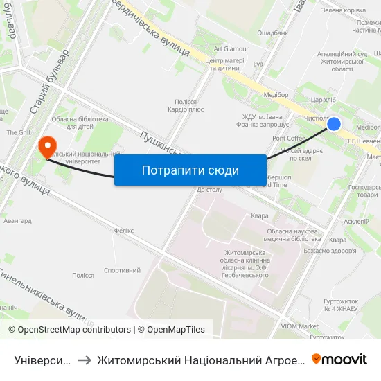 Університет Ім. Івана Франка to Житомирський Національний Агроекологічний Університет / Zhytomyr National Agroecological University map