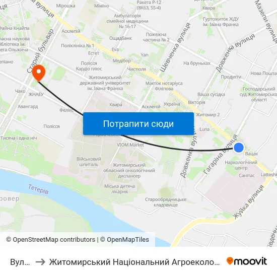 Вул. Гагаріна to Житомирський Національний Агроекологічний Університет / Zhytomyr National Agroecological University map