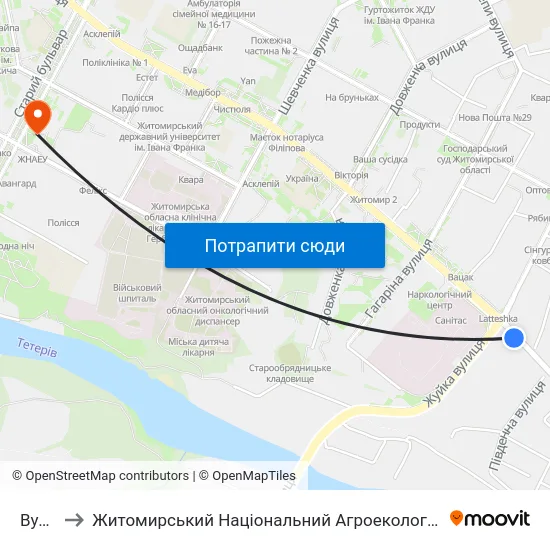 Вул. Жуйка to Житомирський Національний Агроекологічний Університет / Zhytomyr National Agroecological University map