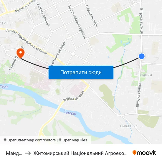 Майдан Польовий to Житомирський Національний Агроекологічний Університет / Zhytomyr National Agroecological University map