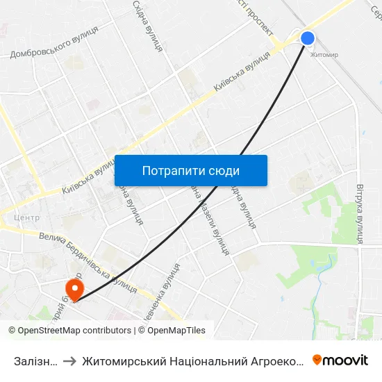 Залізничний Вокзал to Житомирський Національний Агроекологічний Університет / Zhytomyr National Agroecological University map