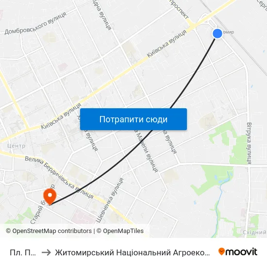Пл. Привокзальна to Житомирський Національний Агроекологічний Університет / Zhytomyr National Agroecological University map