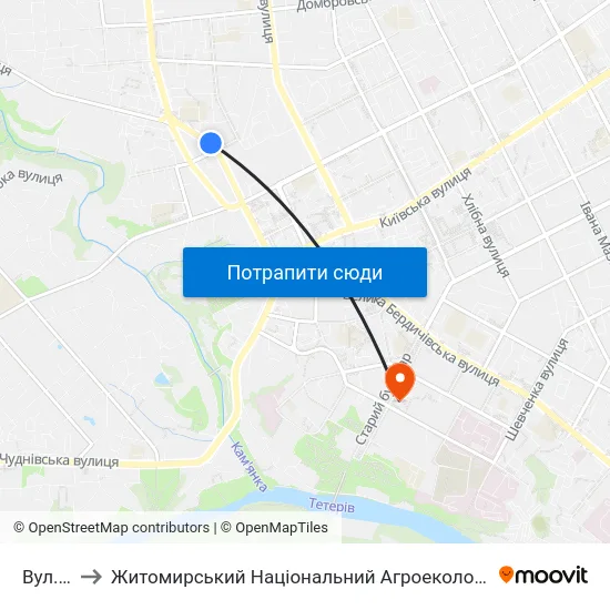 Вул. Ольжича to Житомирський Національний Агроекологічний Університет / Zhytomyr National Agroecological University map