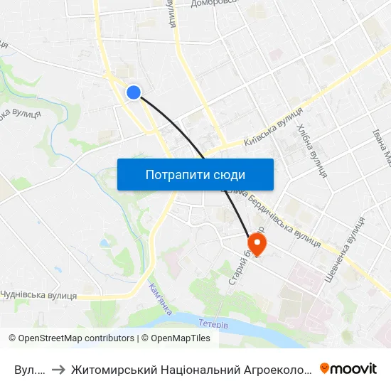 Вул. Ольжича to Житомирський Національний Агроекологічний Університет / Zhytomyr National Agroecological University map