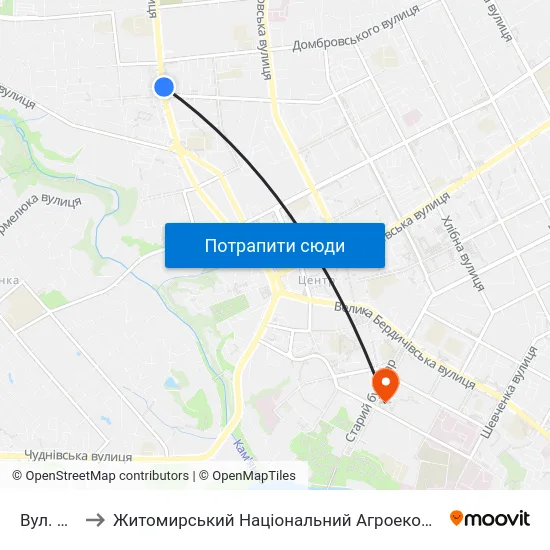 Вул. Лесі Українки to Житомирський Національний Агроекологічний Університет / Zhytomyr National Agroecological University map