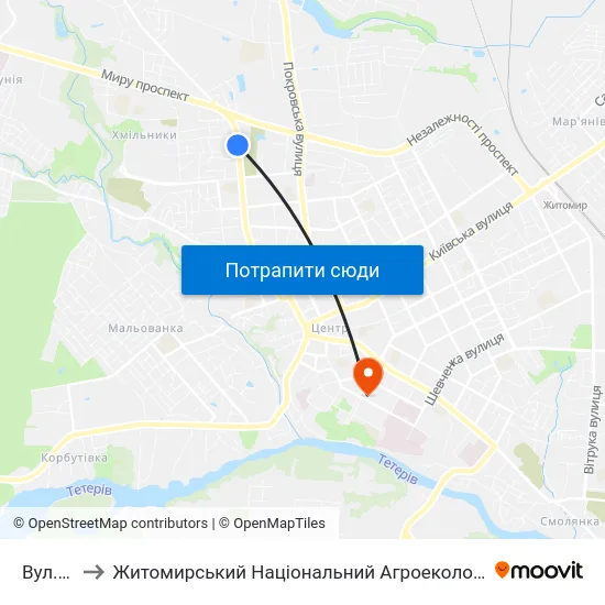 Вул. Перемоги to Житомирський Національний Агроекологічний Університет / Zhytomyr National Agroecological University map