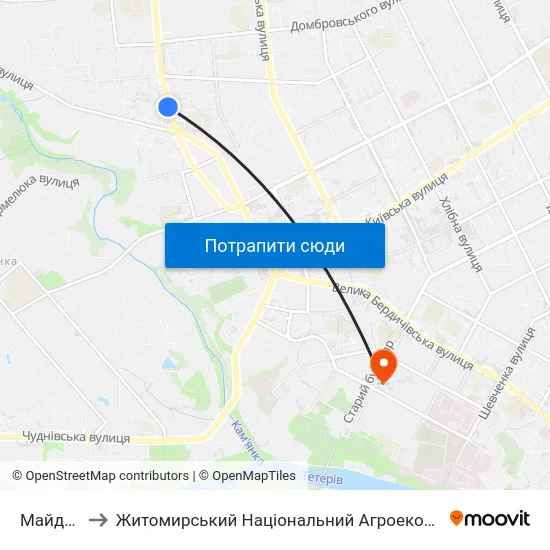 Майдан Короленка to Житомирський Національний Агроекологічний Університет / Zhytomyr National Agroecological University map