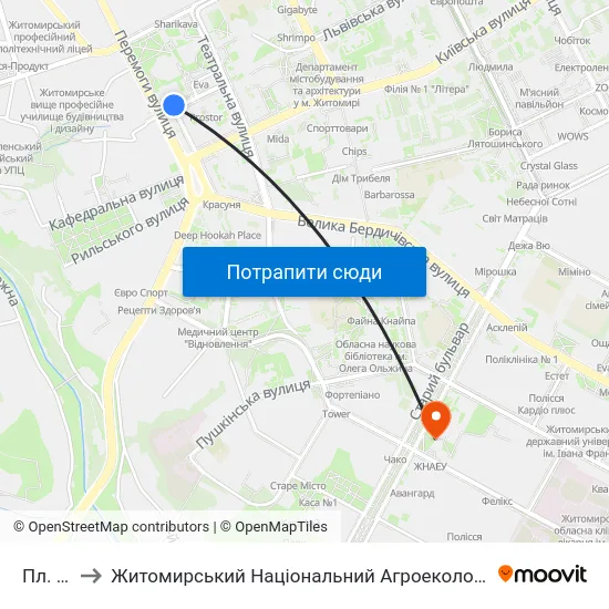 Пл. Перемоги to Житомирський Національний Агроекологічний Університет / Zhytomyr National Agroecological University map