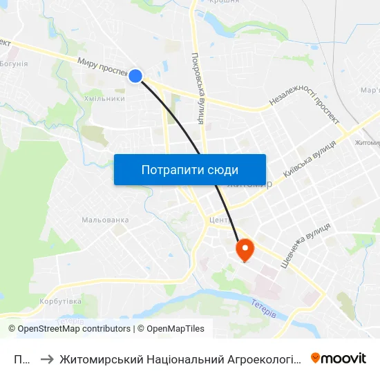 Пр. Миру to Житомирський Національний Агроекологічний Університет / Zhytomyr National Agroecological University map