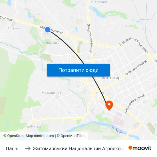 Панчішна Фабрика to Житомирський Національний Агроекологічний Університет / Zhytomyr National Agroecological University map