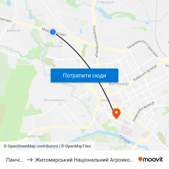 Панчішна Фабрика to Житомирський Національний Агроекологічний Університет / Zhytomyr National Agroecological University map