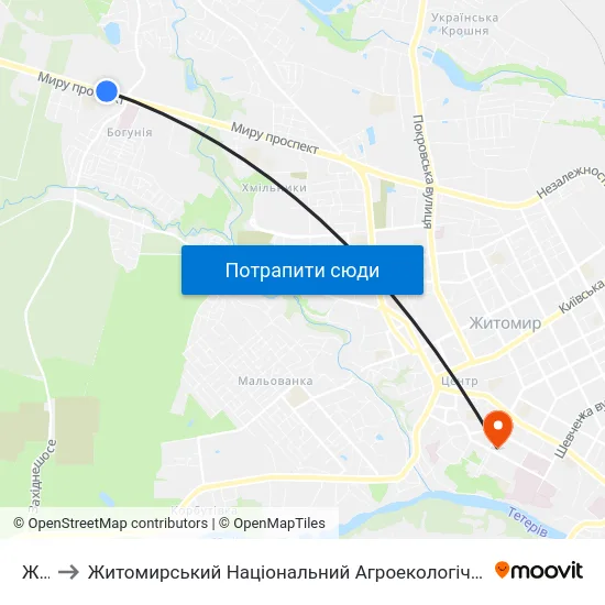 Житичі to Житомирський Національний Агроекологічний Університет / Zhytomyr National Agroecological University map