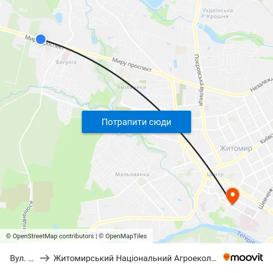 Вул. Офіцерська to Житомирський Національний Агроекологічний Університет / Zhytomyr National Agroecological University map