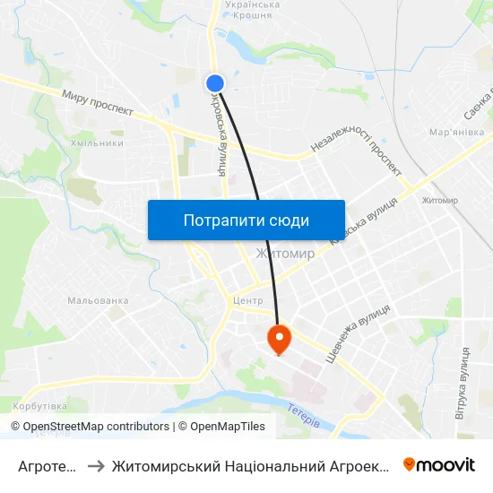 Агротехнічний Коледж to Житомирський Національний Агроекологічний Університет / Zhytomyr National Agroecological University map