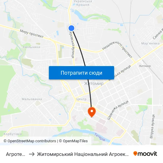 Агротехнічний Коледж to Житомирський Національний Агроекологічний Університет / Zhytomyr National Agroecological University map