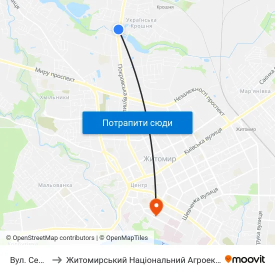 Вул. Северина Наливайка to Житомирський Національний Агроекологічний Університет / Zhytomyr National Agroecological University map