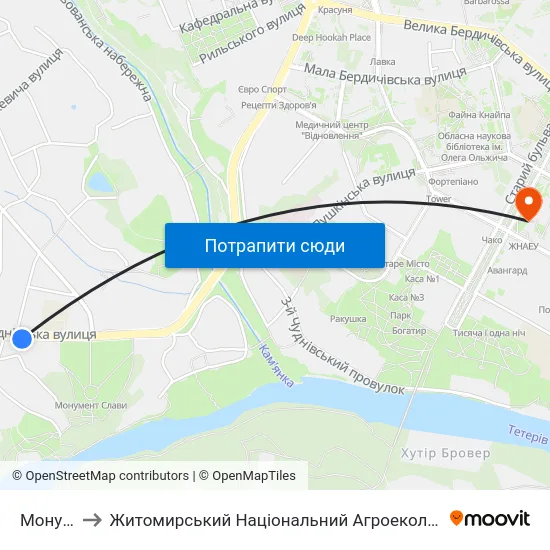 Монумент Слави to Житомирський Національний Агроекологічний Університет / Zhytomyr National Agroecological University map