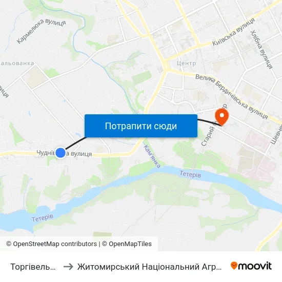 Торгівельно-Економічний Коледж to Житомирський Національний Агроекологічний Університет / Zhytomyr National Agroecological University map