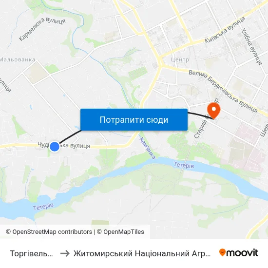 Торгівельно-Економічний Коледж to Житомирський Національний Агроекологічний Університет / Zhytomyr National Agroecological University map