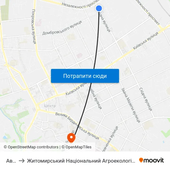 Автопарк to Житомирський Національний Агроекологічний Університет / Zhytomyr National Agroecological University map