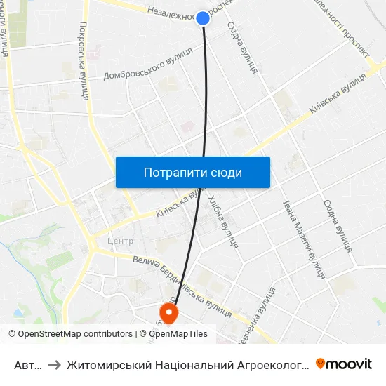 Автоколона to Житомирський Національний Агроекологічний Університет / Zhytomyr National Agroecological University map