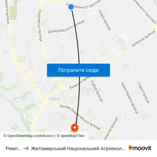 Ремпобуттехніка to Житомирський Національний Агроекологічний Університет / Zhytomyr National Agroecological University map