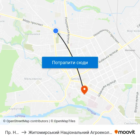 Пр. Незалежності to Житомирський Національний Агроекологічний Університет / Zhytomyr National Agroecological University map