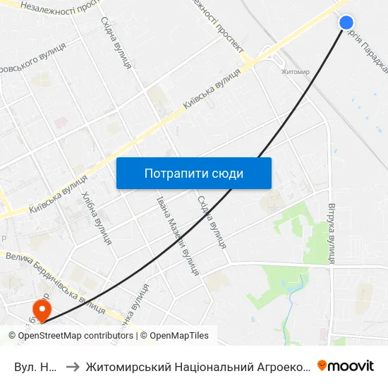 Вул. Новогоголівська to Житомирський Національний Агроекологічний Університет / Zhytomyr National Agroecological University map