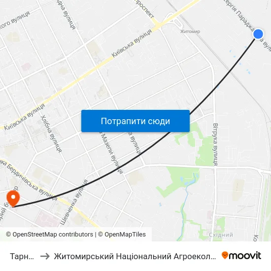 Тарний Комбінат to Житомирський Національний Агроекологічний Університет / Zhytomyr National Agroecological University map
