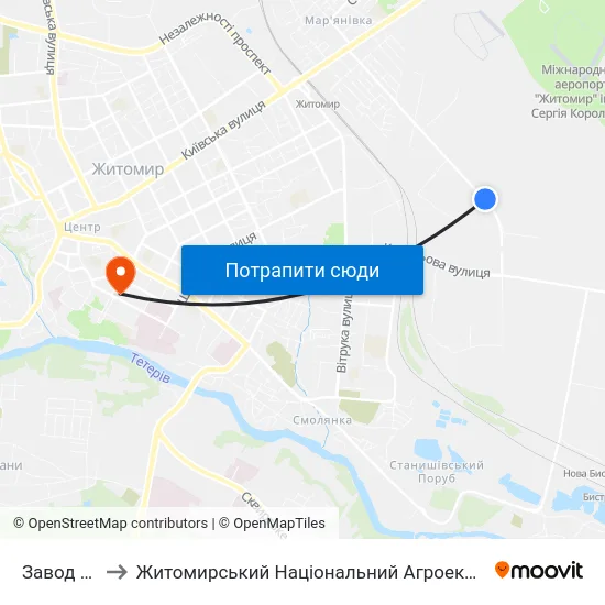 Завод Вібросепаратор to Житомирський Національний Агроекологічний Університет / Zhytomyr National Agroecological University map