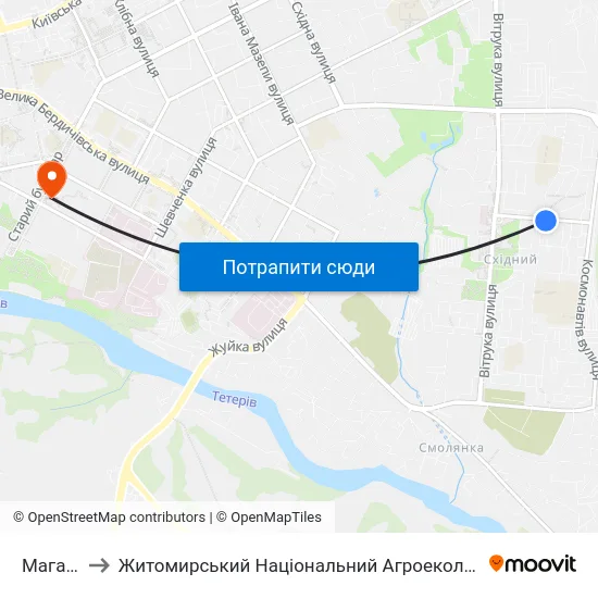 Магазин Берізка to Житомирський Національний Агроекологічний Університет / Zhytomyr National Agroecological University map