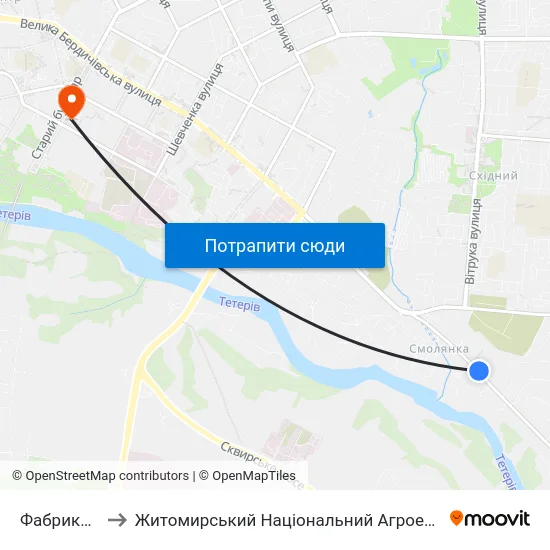 Фабрика Хутряних Виробів to Житомирський Національний Агроекологічний Університет / Zhytomyr National Agroecological University map